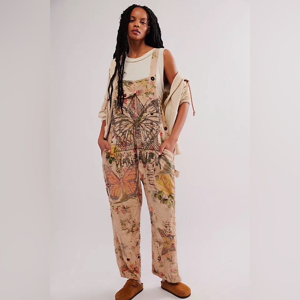 Magnolia Pearl Beige Floral Butterfly Painter Overalls
